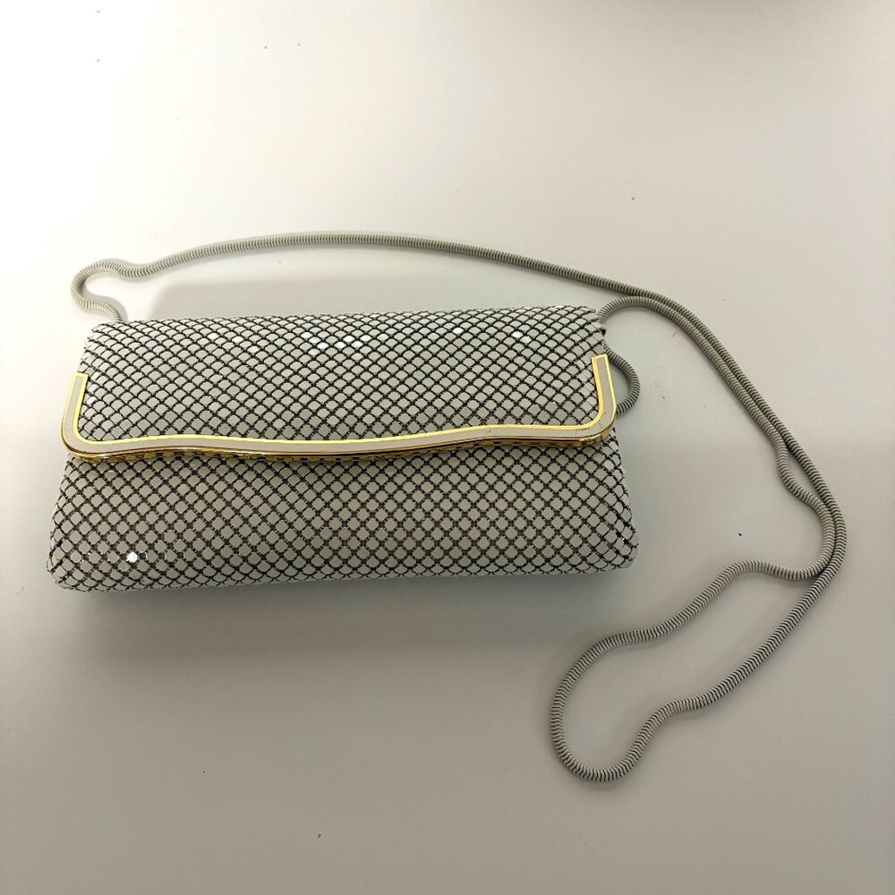 White Mesh Clutch Purse Shoulder Bag Gold Trim 80s Vintage Evening Prom Wedding